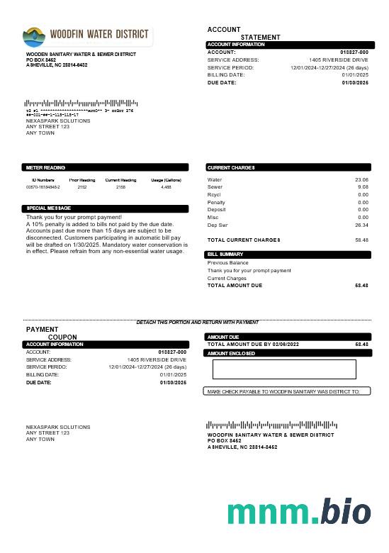 USA North Carolina Woodfin Sanitary Water & Sewer District rachunek za usługi komunalne szablon w formacie Word i PDF